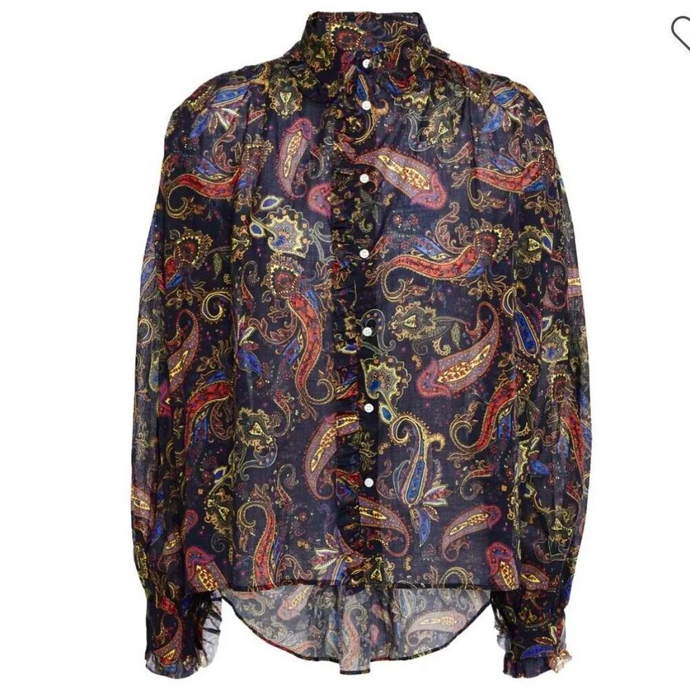 MAJE CalistaโRuffle-Trimmedโ Printed Cotton-Voile Shirt Size 0